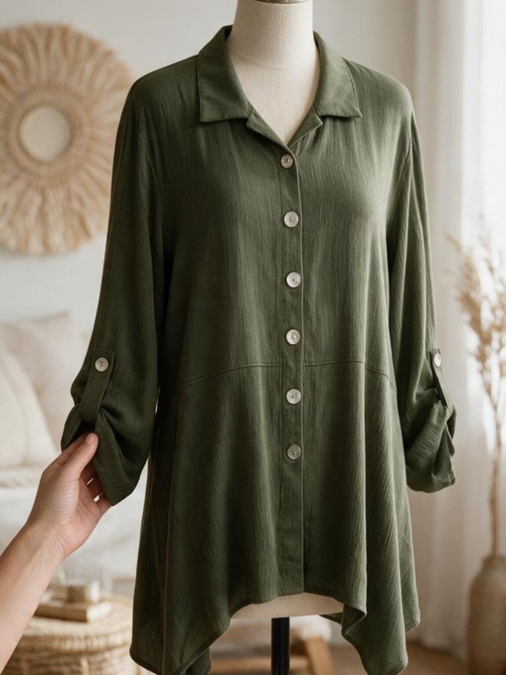 New Directions Olive Green Button Back Sharkbite Tunic Blouse Large